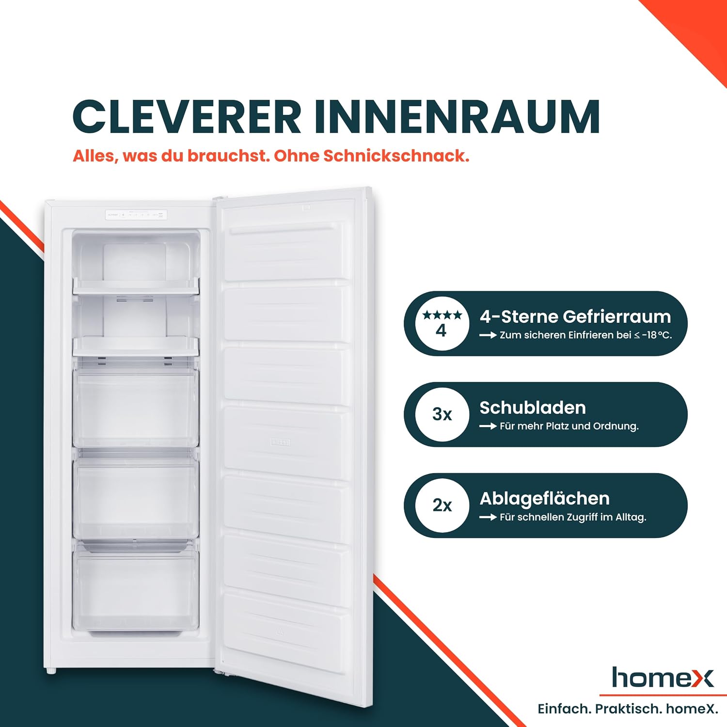 homeX Gefrierschrank NoFrost, Tiefkühlschrank groß - 161L Nutzinhalt, 4-Sterne Gefrieren, Freezer No Frost, Gefrierschränke freistehend, Temperaturregelung, Super-Frost-Funktion, leise 39 dB, weiß