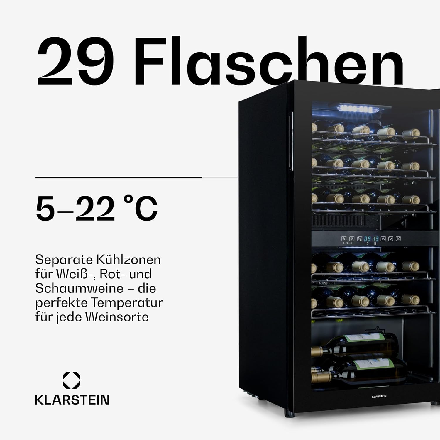 Klarstein Weinkühlschrank, 2 Zonen Getränkekühlschrank Klein, Freistehender Kleiner Weinschrank 80L, Wein-Kühlschrank mit Glastür, Indoor/Outdoor Flaschenkühlschrank, Wine Fridge 29 Flaschen