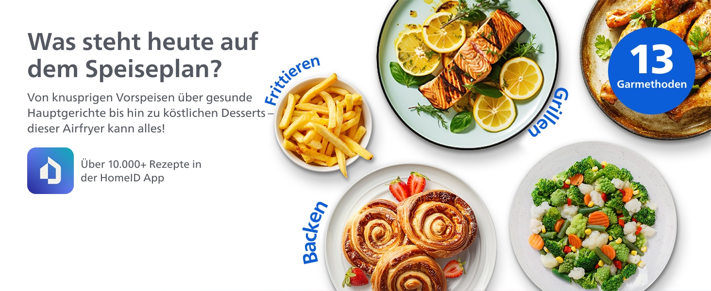 Der Text lautet „Was steht heute auf dem Speiseplan?“ Sammlung von Lebensmittelfotos, die verschiedene zubereitete Gerichte wie Salate und Backwaren zeigen.