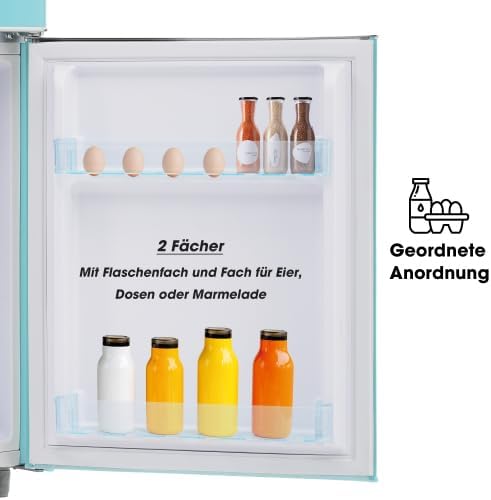 Merax Retro Kühlschrank mit Gefrierfach – 72L Mini Kühlschrank, 21L Gefrierfach, 120 kWh/Jahr, Energieklasse E, LED-Licht, Cyan – Ideal für kleine Haushalte