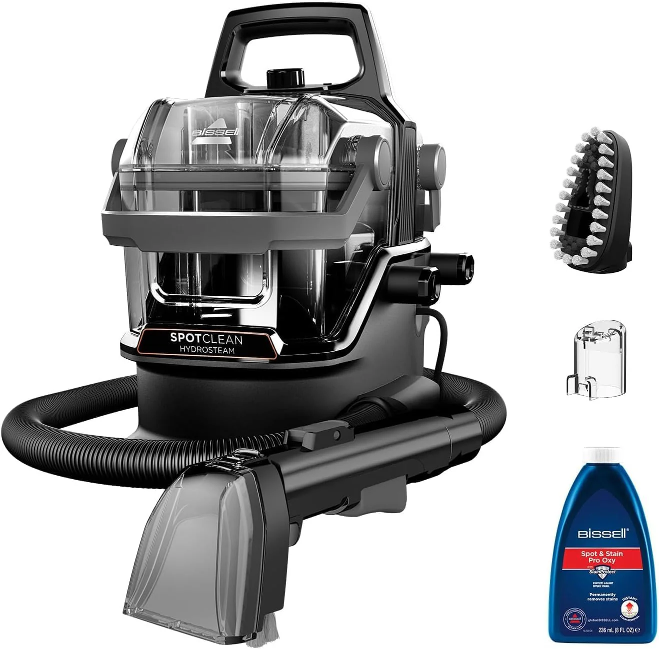 BISSELL SpotClean HydroSteam | Vlekkenreiniger voor hardnekkige vlekken | Stoomt, schrobt en zuigt | Vlekverwijdering op meerdere oppervlakken | Sneldrogend | Stoomstand | HydroSteam Technologie | 3689N