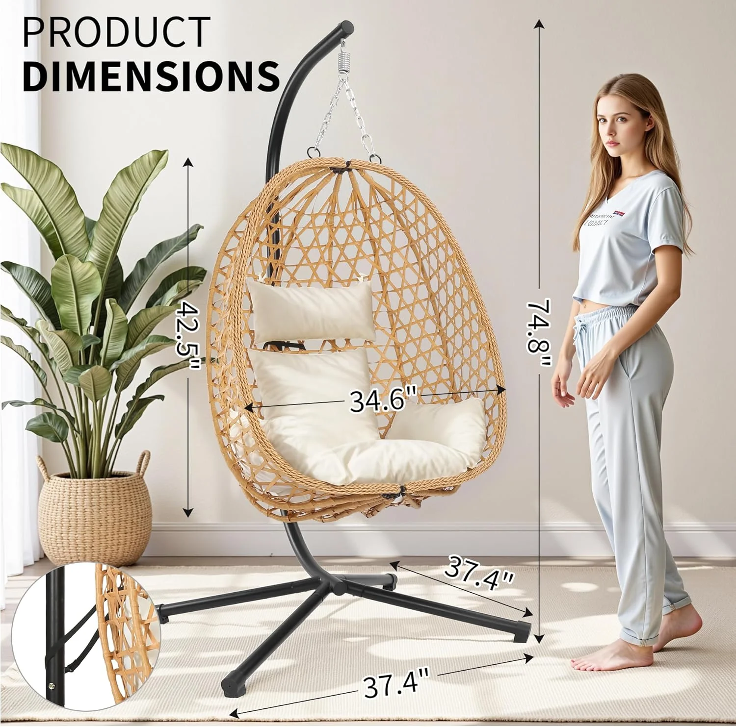Egg Chair with Stand Patio Wicker Hanging Chair Hammock Swing Chair 350LBS Capacity