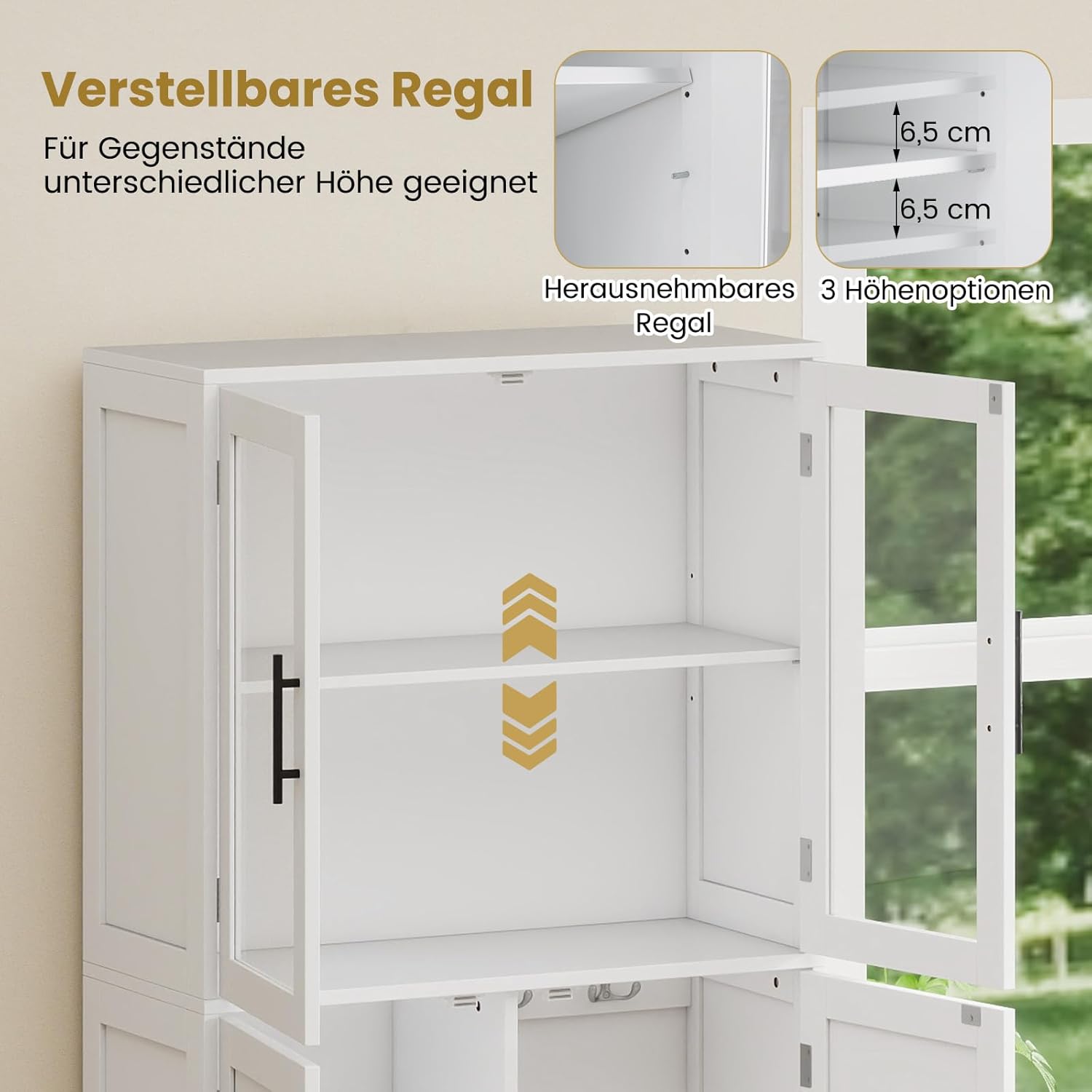 COSTWAY Besenschrank 70cm breit, Mehrzweckschrank Hochschrank mit 2 Haken & Glastüren, Vorratsschrank Holz, Haushaltsschrank Putzschrank für Mops & Staubsauger, 70 x 30 x 168 cm, weiß