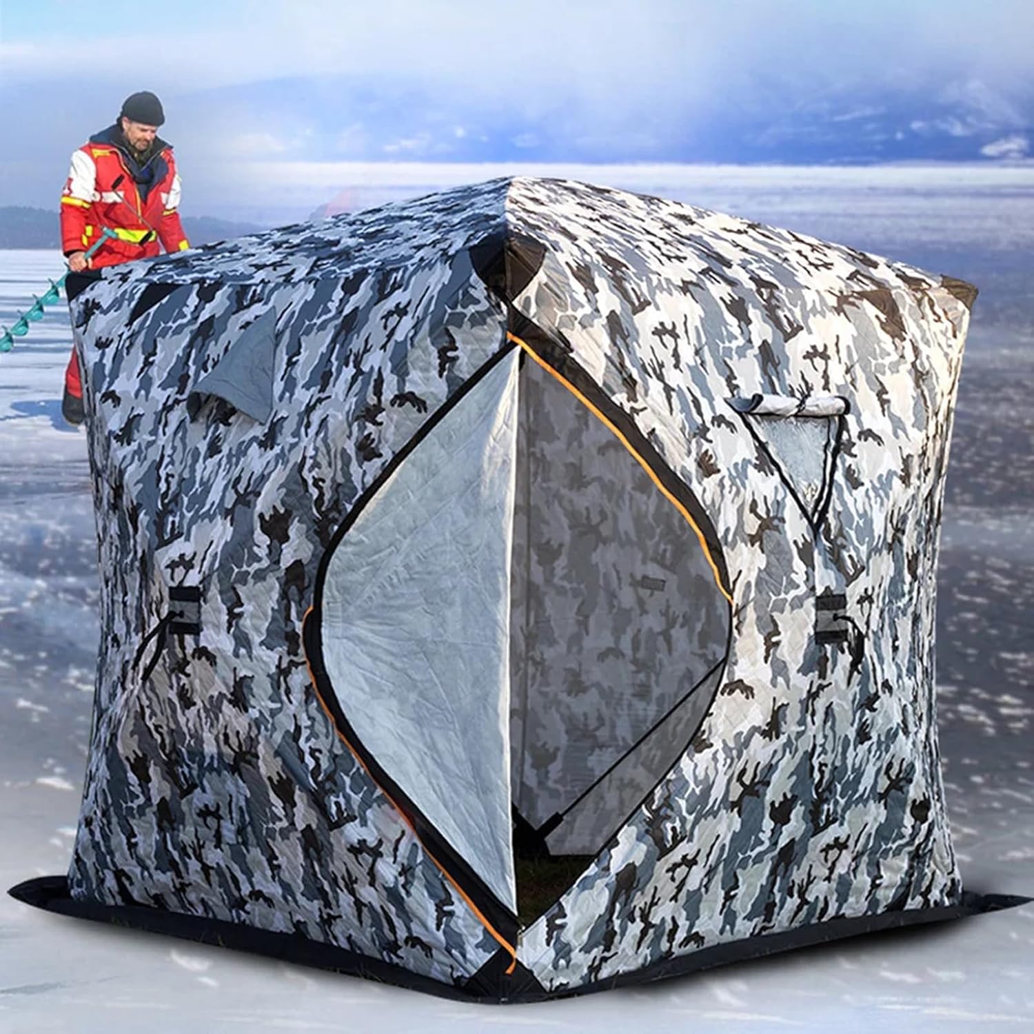 Isolierter Ice Shanty 3-4 Personen Tragbarer Eisangel-Unterstand Mit Herdanschluss, Pop-up-Eisangelzelt-Eishaus Mit 2 Türen Und 4 Fenstern Zum Eisangeln Im Winter Beim Camping