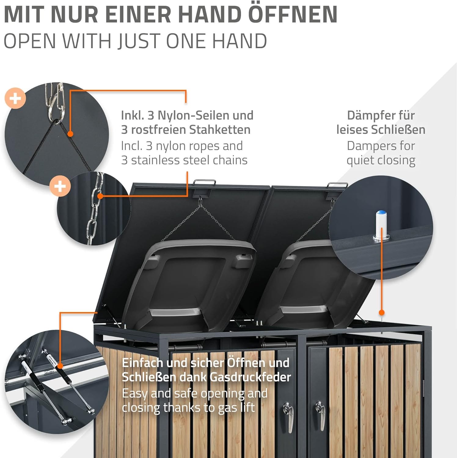 ML-Design Mülltonnenbox 3er 3 Tonnen 240L 200x80x116,3cm Anthrazit-Holzoptik, Stahl wetterfest/abschließbar Mülltonnenverkleidung Klappdeckel/3 Türen, Müllbox Mülltonnecontainer Mülltonnenabdeckung