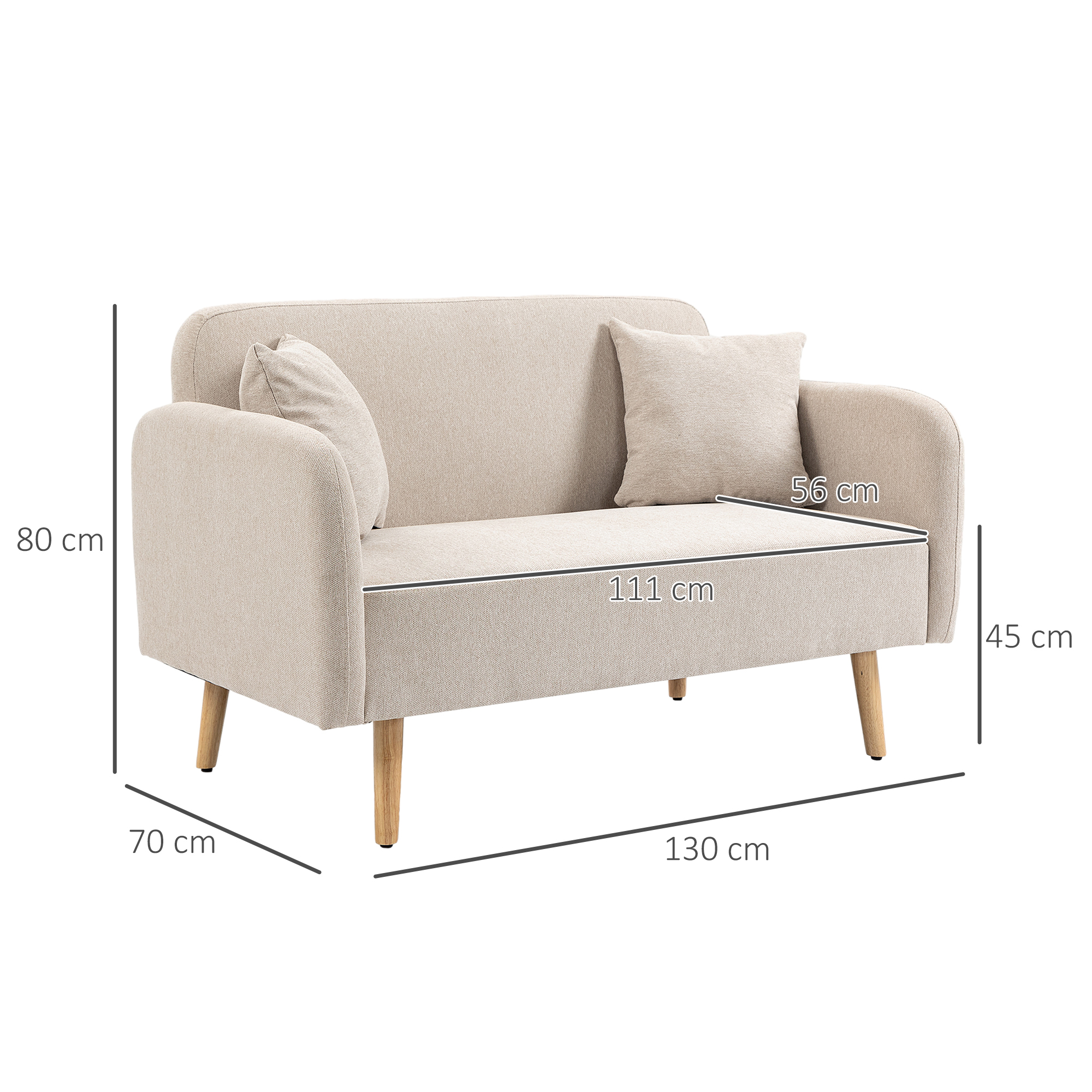 2-zitsbank, Moderne Design Bank, inclusief 2 kussens, houten poten, 130 x 70 x 80 cm, Cr��me