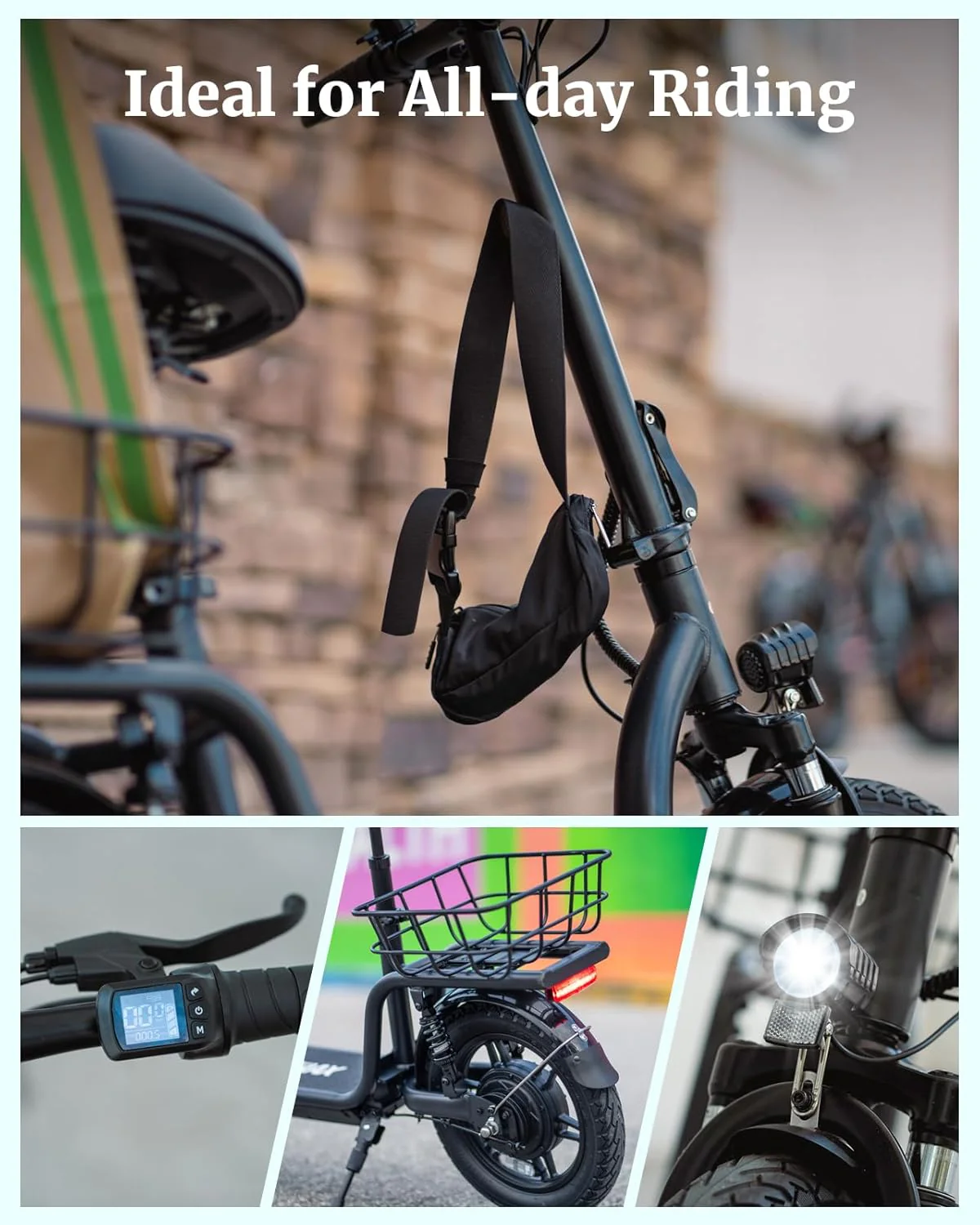 Gotrax adult electric scooter with seat, maximum range of 19-25 miles, all-terrain tires, wide pedals, padded seat, and carrycot