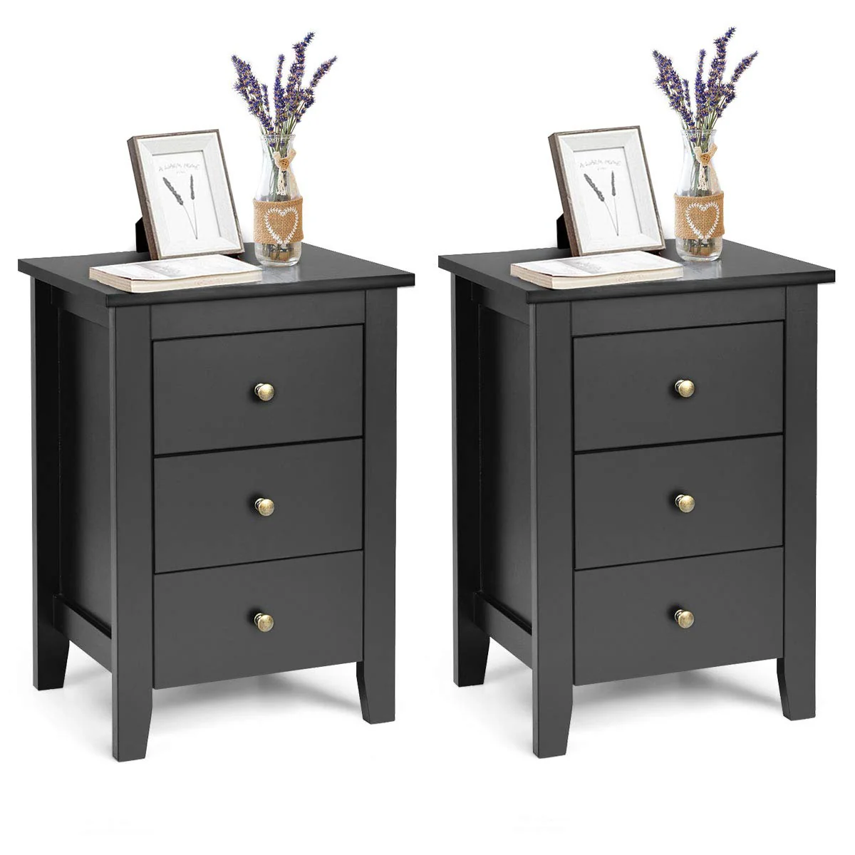 Giantex 2Pcs Bedside Table, Nightstand w/ 3 Drawers & Solid Wood Legs