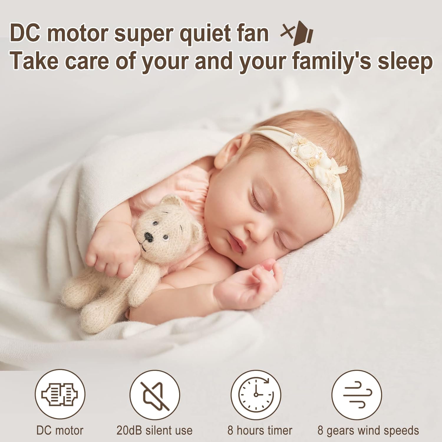 MYCARBON Ventilator sehr leise DC Motor 20dB 1850m³/h Luftmenge 8 Stufe ECO Modi Tischventilator 3D Luftumwälzer für 30m² Schlafzimmer Turbo Ventilator 8h Timmer