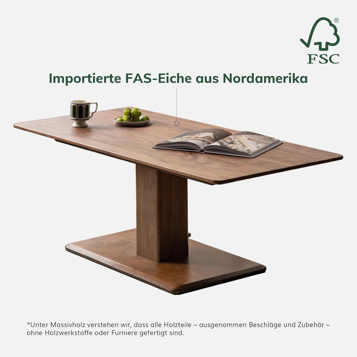 YESWOOD Höhenverstellbarer Couchtisch aus Eiche Massivholz, Modernes Design, Wohnzimmertisch aus Massivholz, Verstellbare Tischplatte 47–72 cm, 100 x 50 x 47 cm, Walnuss