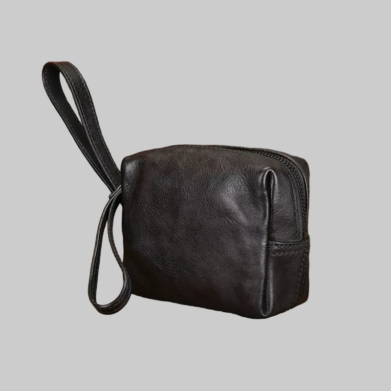 Retro Brown Leather Mini Wristlet Zipper Coin Pouch