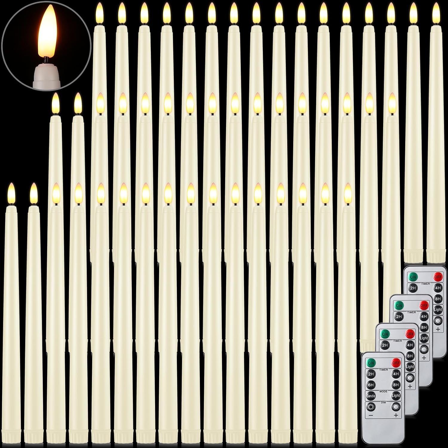 48 Stück Flammenlose Kegelkerzen mit 4 Fernbedienungen, batteriebetrieben, flammenlose flackernde konische Kerzen, 3D-Dochte, flammenlose Kunstwachs-LED-Leuchten für Hochzeit, Weihnachten, Party,