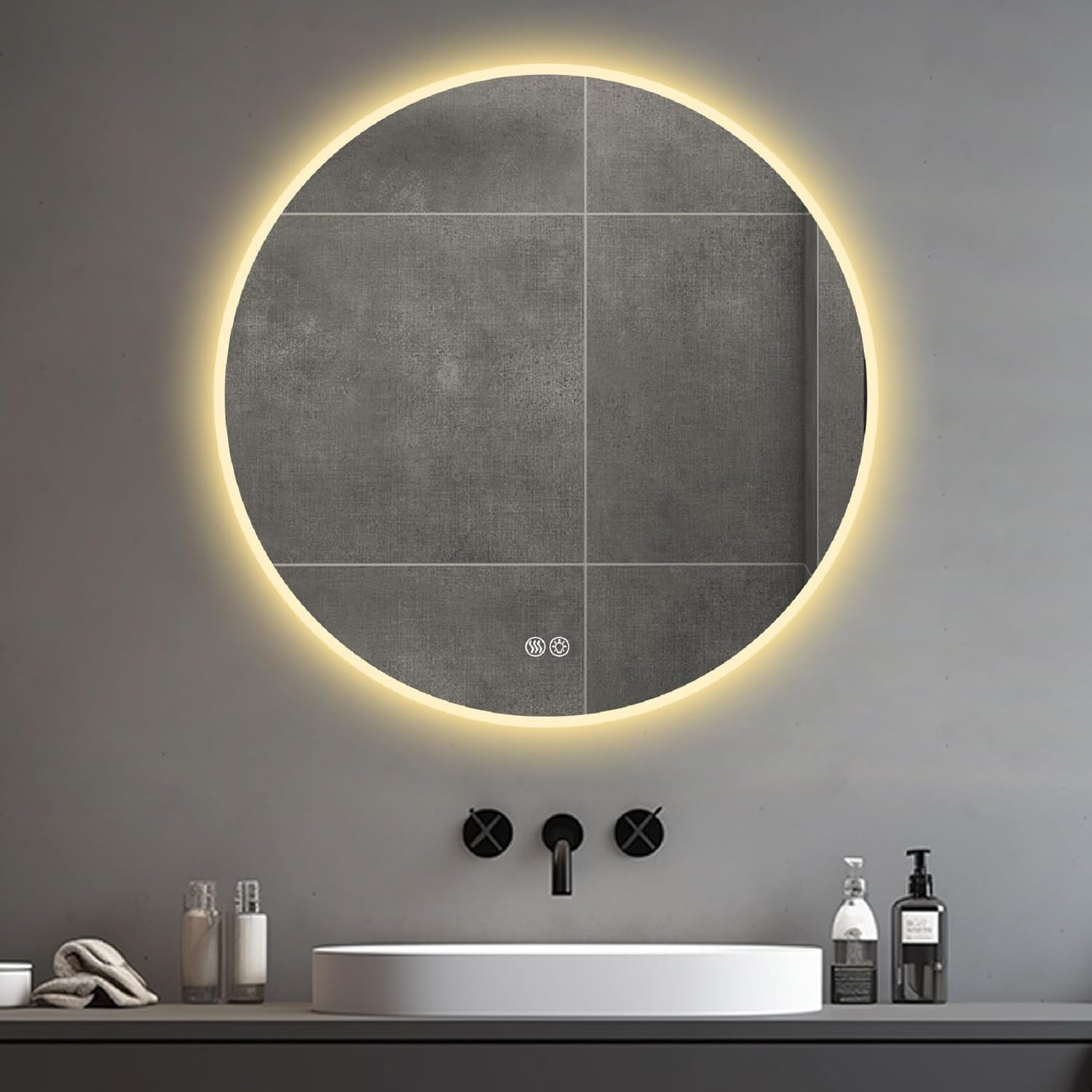 Tidyard 70 cm LED Rundspiegel, 3-farbige dimmbare Beleuchtung, Anti-Beschlag-Funktion, für Bad und Schlafzimmer