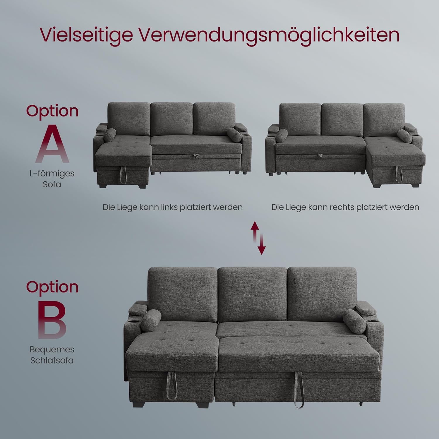 VASAGLE Schlafsofa, Schlafcouch, Bettsofa mit Stauraum, Polstermöbel, Bezug aus Baumwoll-Leinen-Mischgewebe, Becherhalter, modern, Gästezimmer, grau LCS801G01