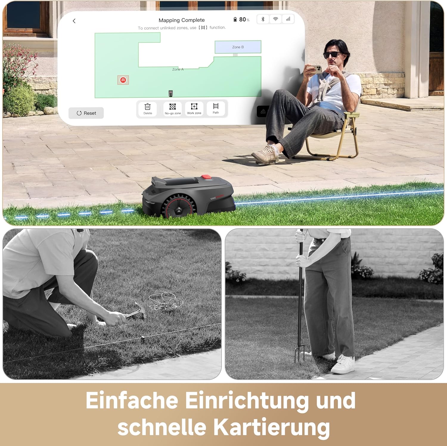 MOVA ViAX 250 Mähroboter Ohne Begrenzungskabel, Empf. 250m2, KI-unterstützte Auto-Mapping, U-förmige Bahnen, Hindernisvermeidung Dual-Vision, Besserer Kantenschnitt, Für Komplexe Gelände, Appsteuerung