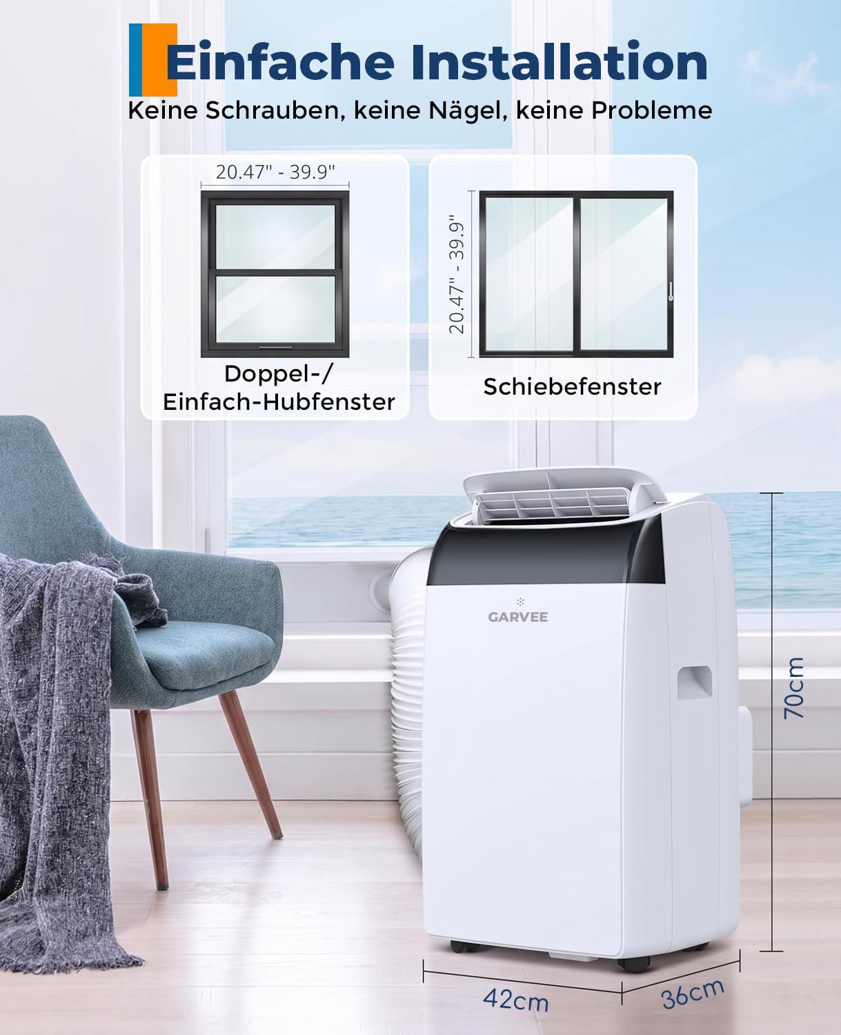 Garvee Mobile Klimaanlage 10000 BTU, 4-in-1 Klimagerät mit Kühlen & Entfeuchten & Ventilieren, Leiser Betrieb