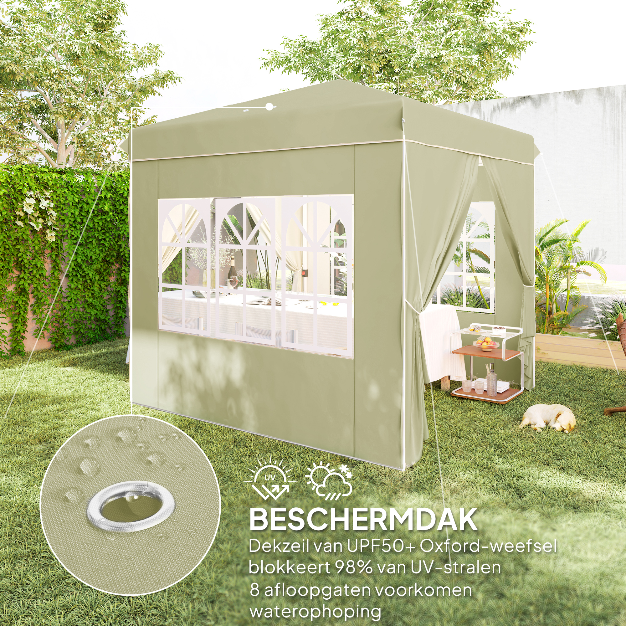2,5 x 2,5 m Pop-up paviljoen met zijwanden en draagtas, UPF50+ in hoogte verstelbaar tuinpaviljoen, Cr��mewit