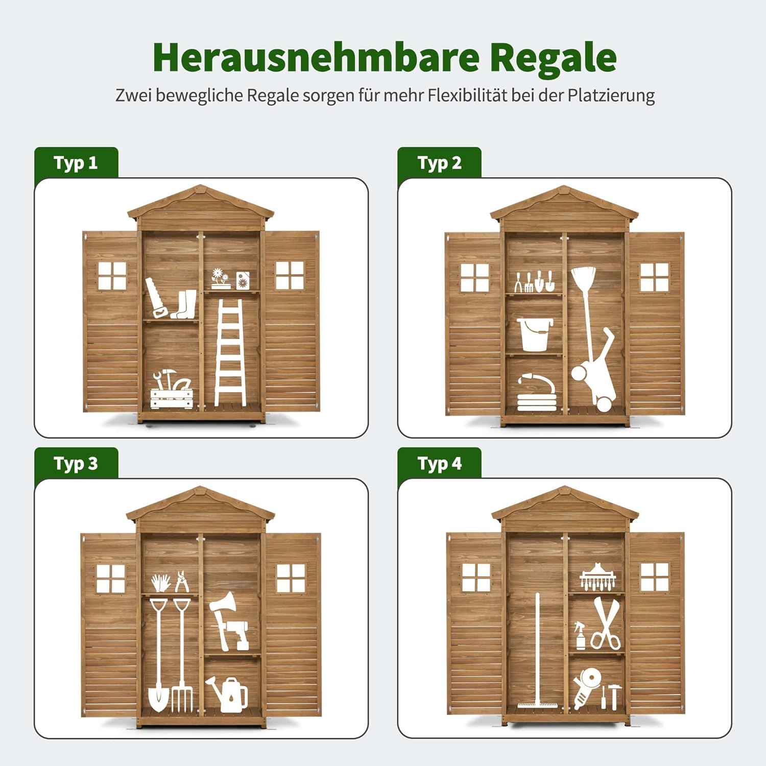 M MCombo Gartenschrank Gartenhaus Holz Wetterfest, Geräteschrank Gerätehaus Outdoor, für Außenbereich Garten Terrasse, Geräteschuppen mit 2 Bewegliche Regale, 57×109×180 cm, 1152 (Natur)
