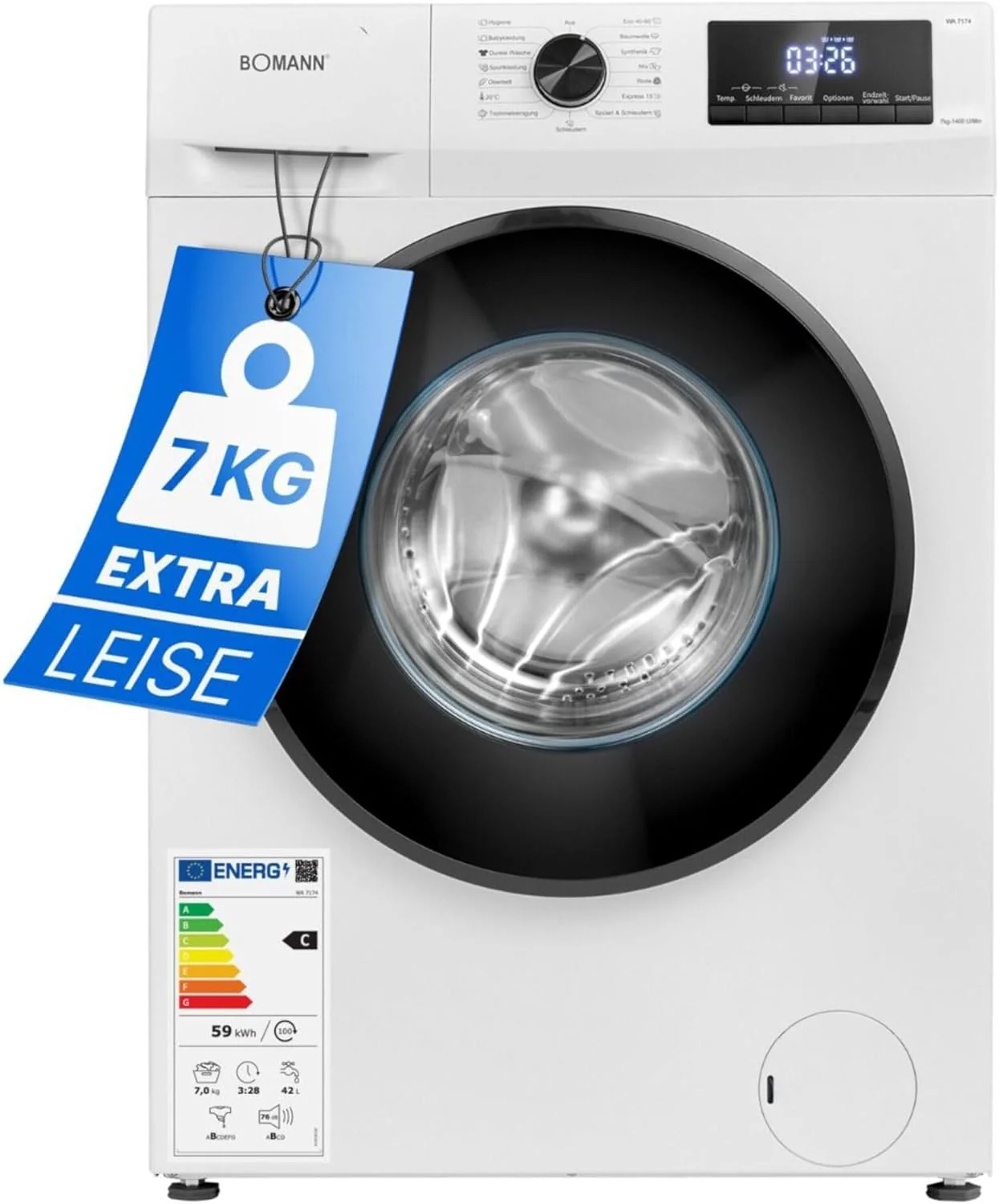 Bomann Waschmaschine 7kg | max. 1400 U/min | 10 Jahre Motor-Garantie | effizienter, leiser & langlebiger Invertermotor | 15 Programme | Endzeitvorwahl | LED-Display | Washing Machine | WA 7175 wei