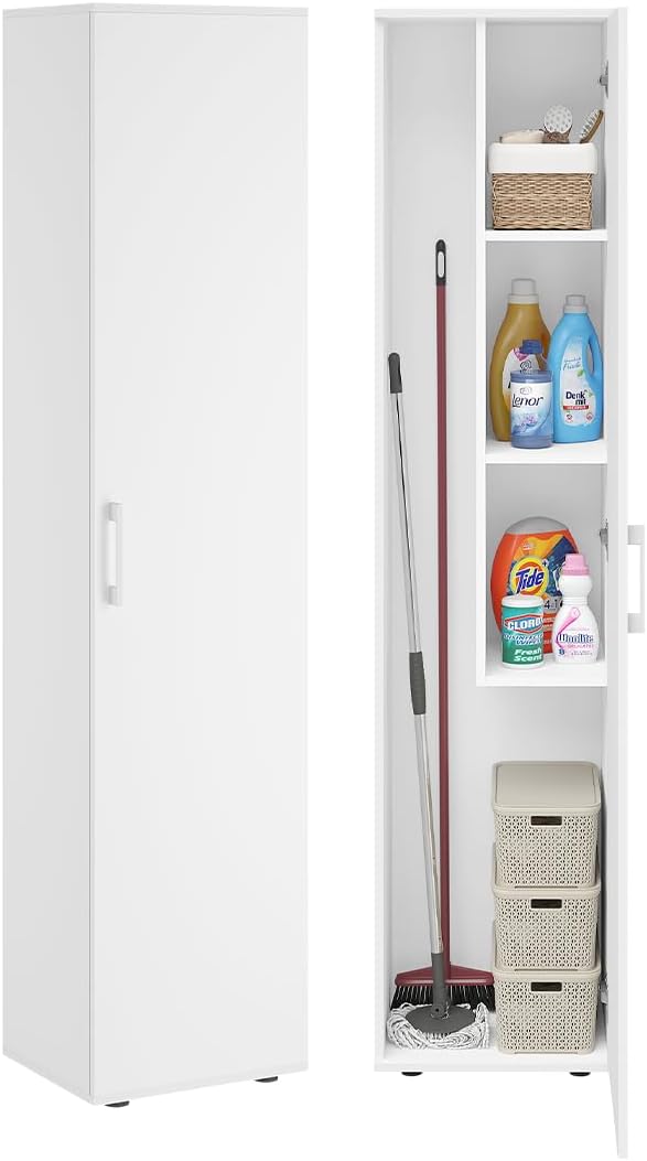Bellamio Apol Besenschrank - Mehrzweckschrank 40 cm breit Weiß - Vorratsschrank mit Staubsaugerfach - Putzschrank aus Holz - Flurschrank mit Stauraum - Haushaltsschrank - Allzweckschrank 176x33x40 cm