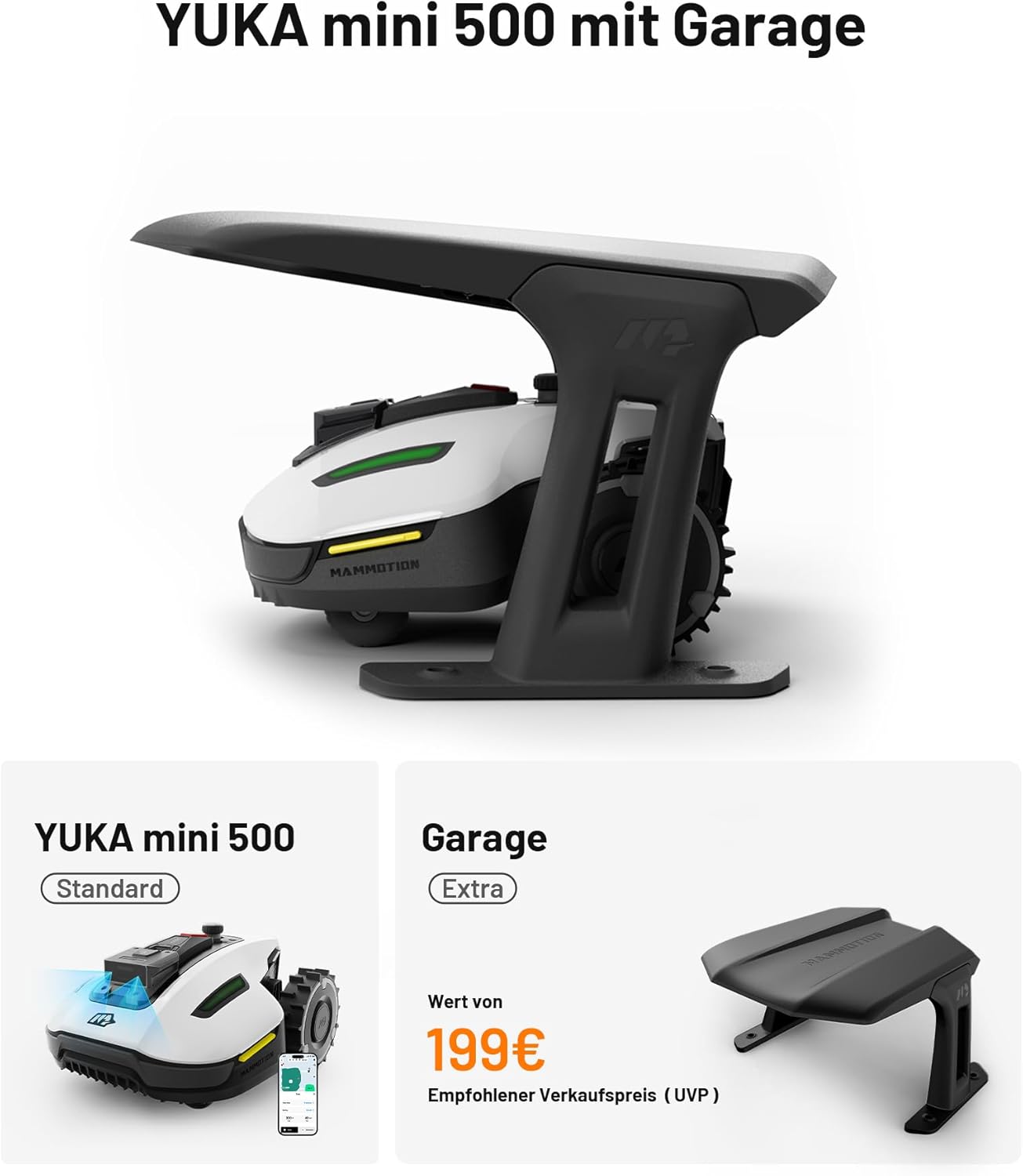 MAMMOTION YUKA Mini 700 Mähroboter ohne Begrenzungskabel, NetRTK+Vision, Keine RTK-Antenne erforderlich, Auto-Kartierung, Empf. 700m², Max. 1100m², mit 4G-Modul, 50% Steigung