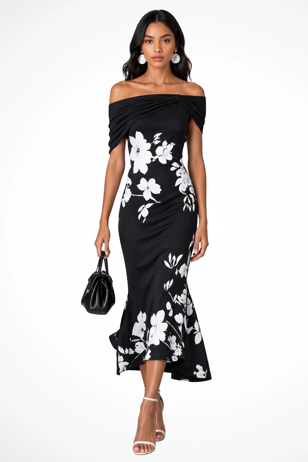 Schulterfreies Midi-Kleid mit Blumenmuster f��r Hochzeitsg?ste | Festliches Damenkleid mit Carmen-Ausschnitt f��r Anl?sse