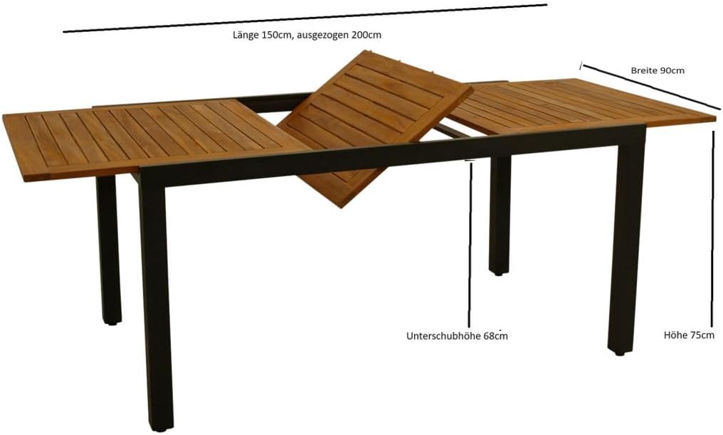 DEGAMO Gartentisch Ausziehtisch Milos 150/200x90cm, Aluminium anthrazit + Akazienholz geölt, Outdoor, FSC®-Zertifiziert