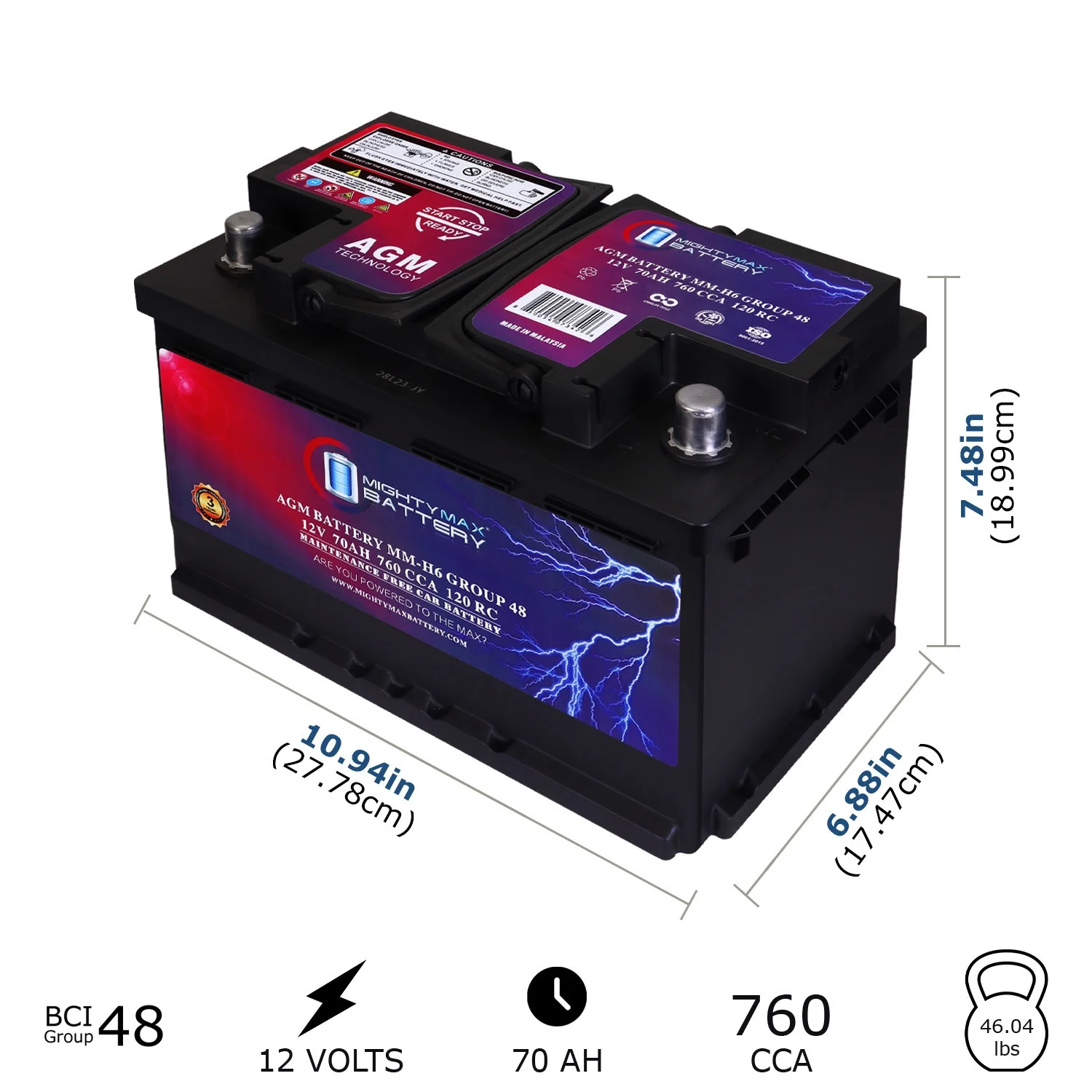Vervangingsbatterij MM-H6 Groep 48 12 V 70 Ah 120 RC 760 CCA �C Compatibel met Chevrolet Silverado 1500 1/2 Ton 2007�C2013