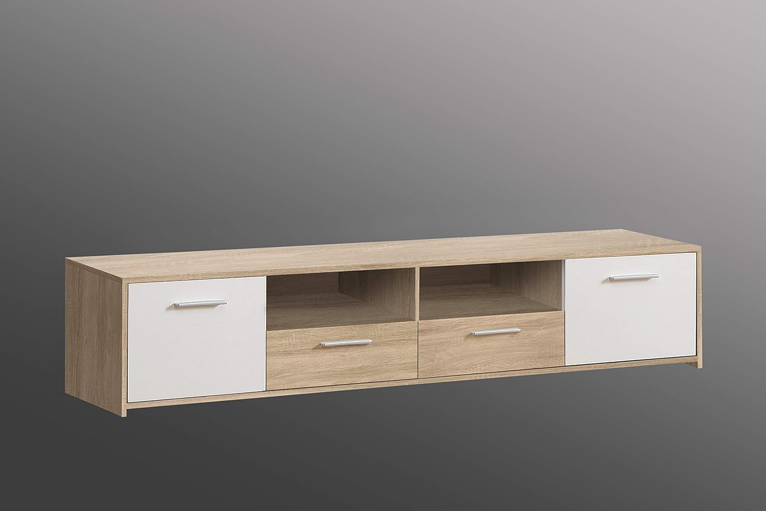 FORTE Quadro TV-Unterschrank mit 2 Türen und 2 Schubladen, Holzwerkstoff, Sonoma Eiche / Weiß, 39 x 181,7 x 52,7 cm