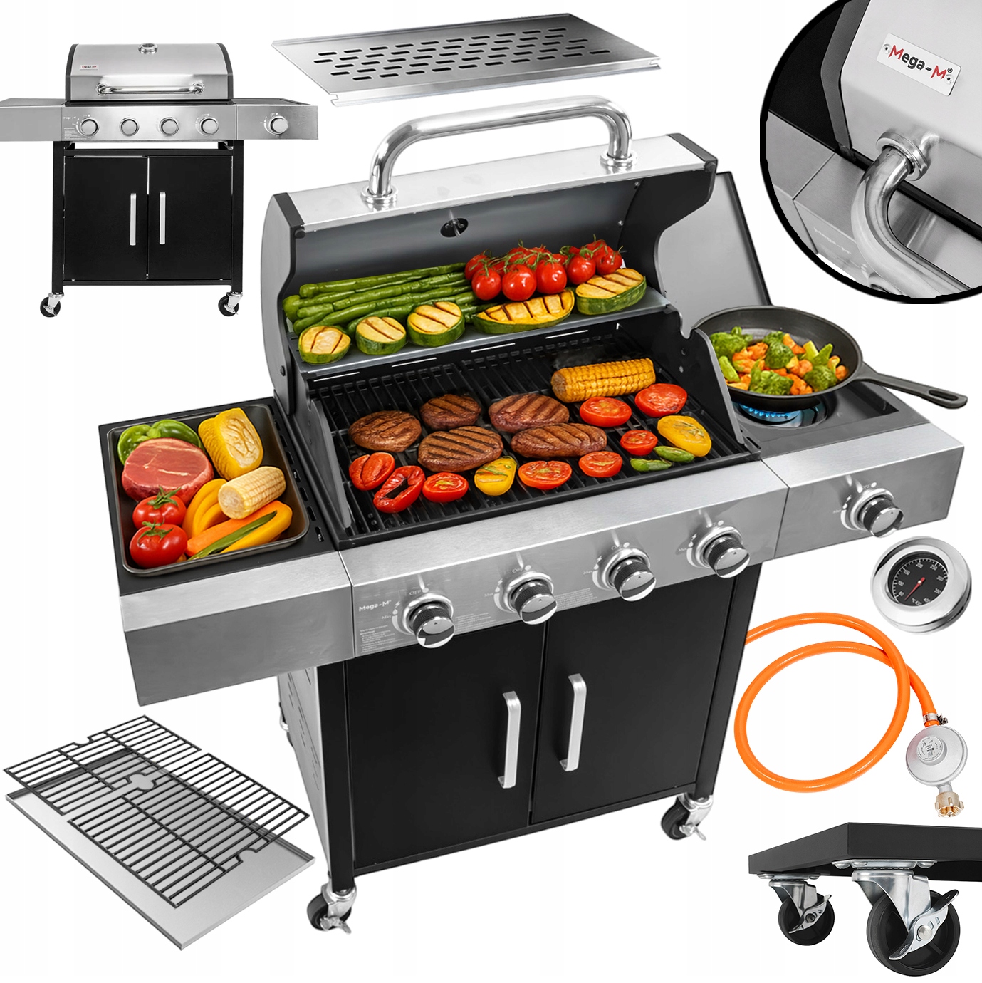 GRILL GAZOWY Ogrodowy RUSZT ŻELIWNY 13kW 4+1 Pokrywa ze Stali Nierdzewnej