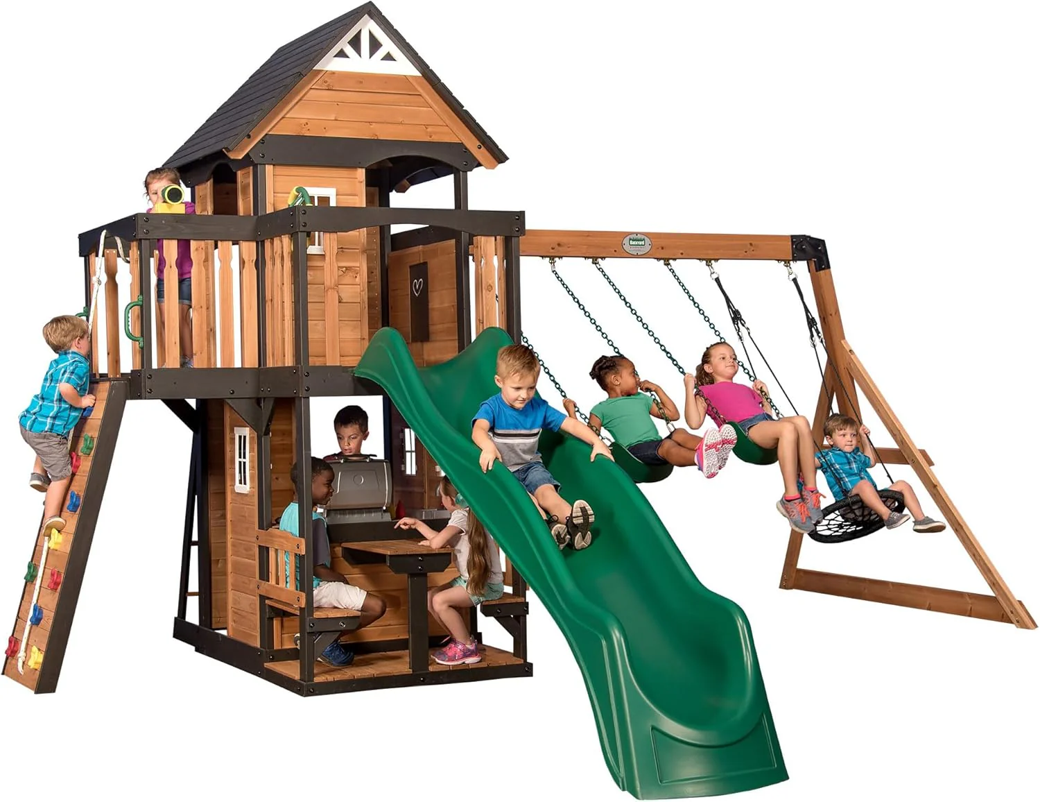 2025 Backyard Discovery Canyon Creek Set de Juego Exterior en Madera de Cedro con Tobogán, Casa en el Árbol, Columpios y Pared de Escalada