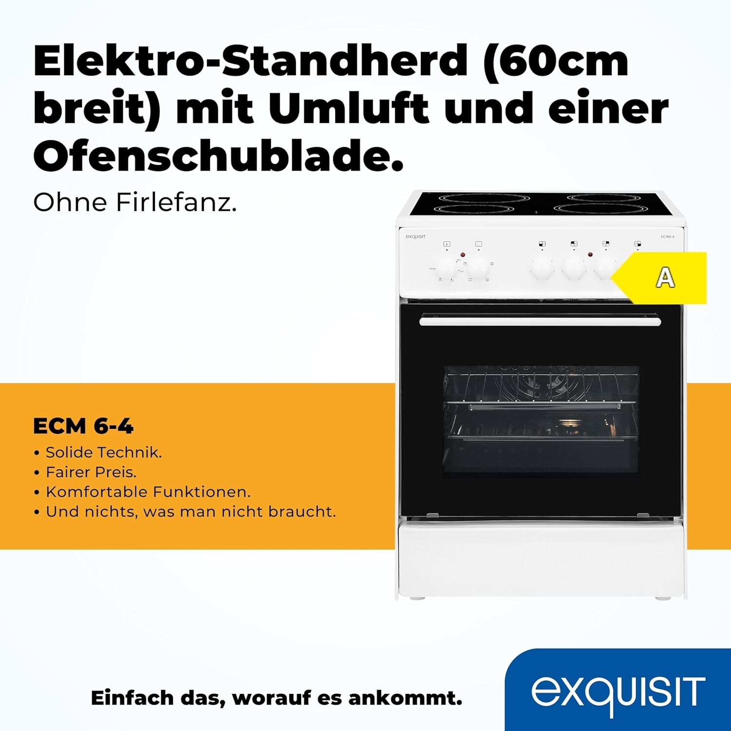 Exquisit Standherd ECM 6-4 | Standherd 60cm mit Glaskeramik Kochfeld | Ober- & Unterhitze | Grill | Umluft | Elektroherd freistehend 60 cm | weiss