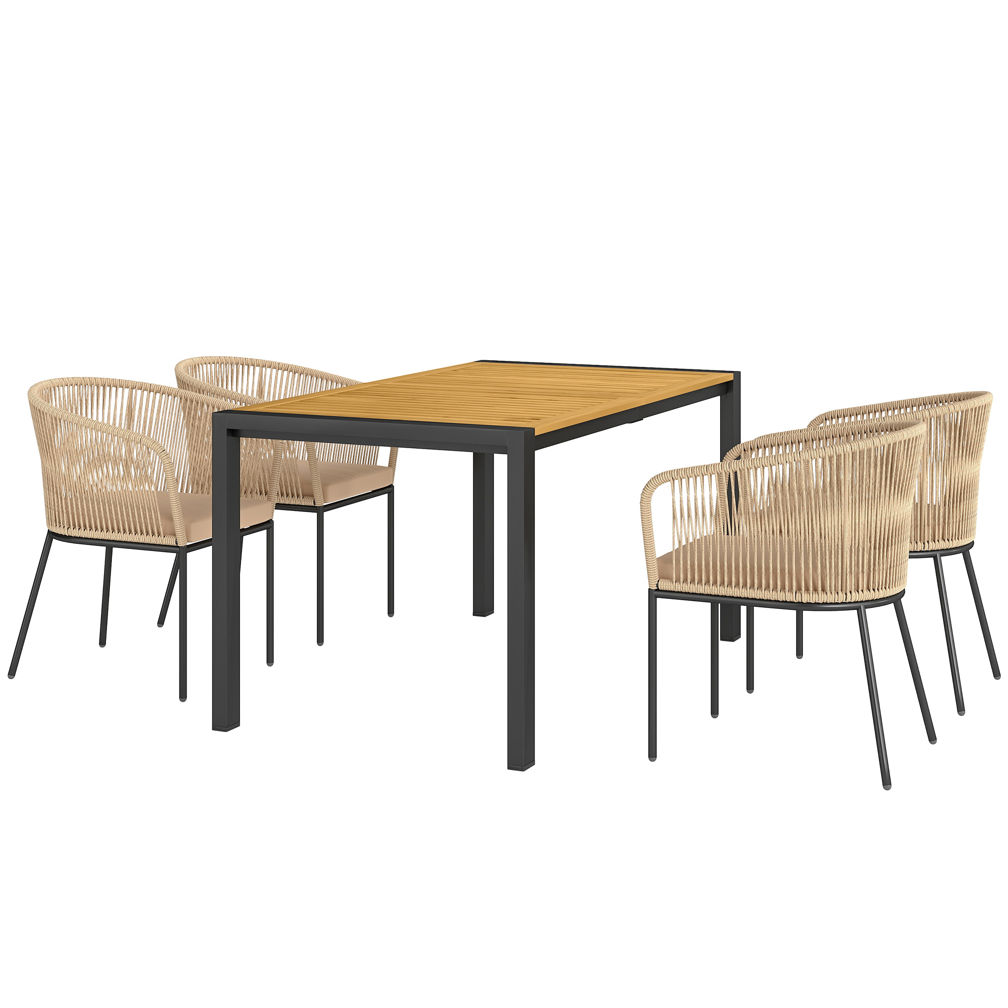 5-delig tuinmeubelset, 4 stoelen, 1 tafel, kunst-rattan, stalen frame, wasbare kussens, voor terras, Khaki