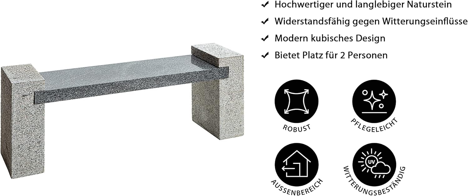 Dehner Gartenbank, 2-Sitzer, ca. 120 x 45 x 30 cm, Granit, hellgrau/dunkelgrau
