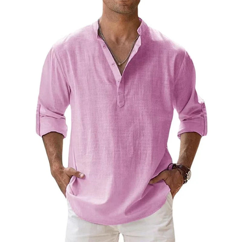 Herren Leinenhemd mit Henley-Ausschnitt | Atmungsaktives Sommerhemd aus leichtem Leinen | Klassisches Freizeit-Shirt Langarm