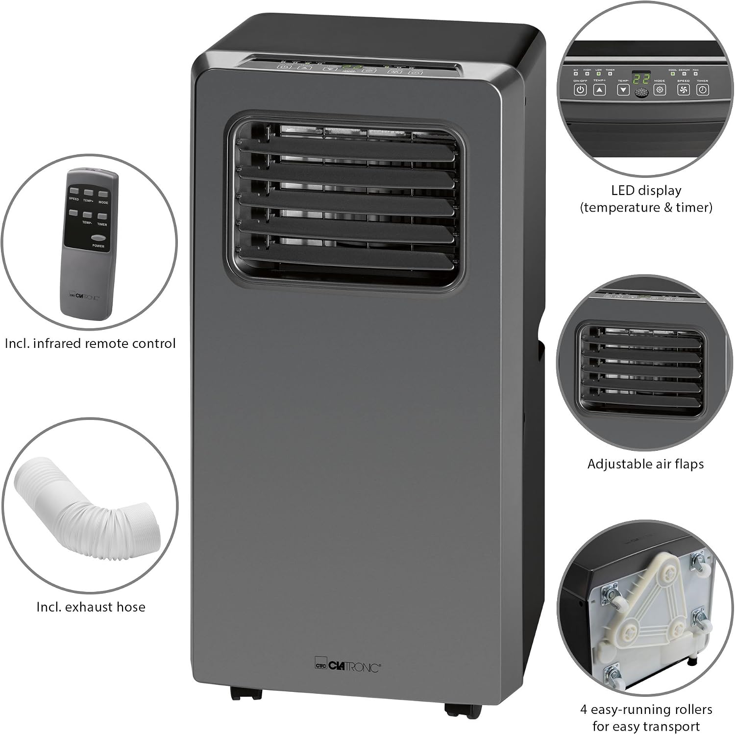 Clatronic Klimaanlage CL 3672 mobiles Klimagerät mit Abluftschlauch, 3 in 1 Klimaanlage mit LED-Display, Fernbedienung, 24 Stunden-Timer, verstellbare Luft-Klappen, 8000 BTU (2,3 kW), schwarz