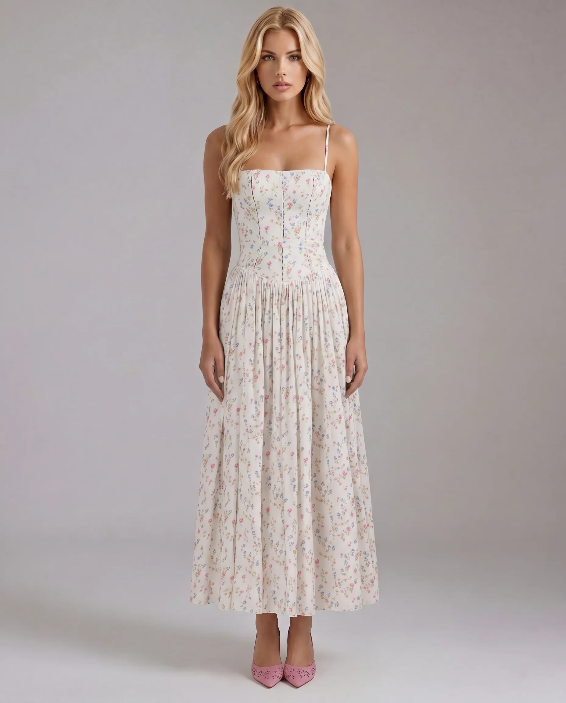 Damen Midi-Kleid mit Blumenmuster | Sommerliches Kleid mit Spaghettitr?gern und Spitzenbesatz | Florales Kleid f��r Hochzeitsg?ste