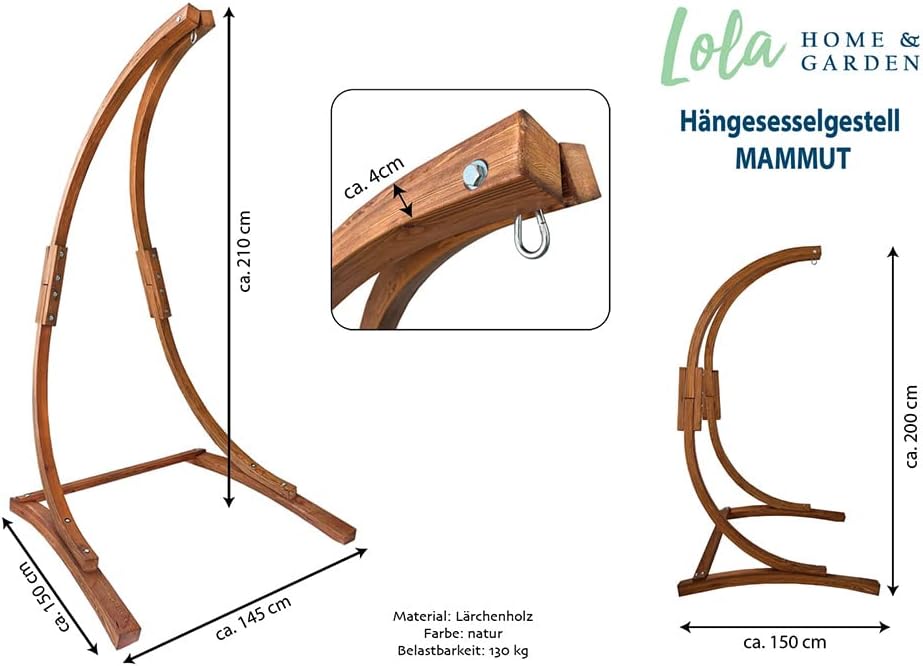 Lola Mammut Hängesesselgestell aus Lärchenholz FSC wetterfest freistehend max. 130 kg Outdoor & Indoor Ständer Gestell Schaukelgestell Holzgestell für Hängesitz Hängesessel Hängestuhl Federwiege
