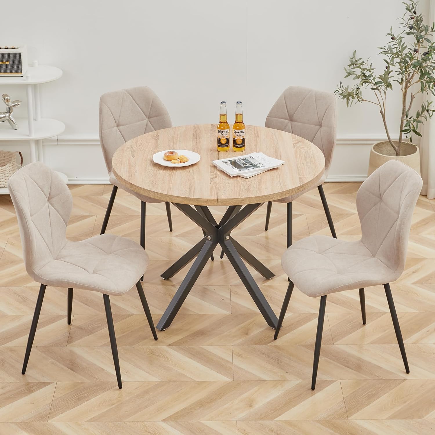 Essgruppe Set Tisch und Stühle, 100cm Runder Esstisch und 4 Leinen-Esszimmerstühle, 4 Stühle & Tisch für Küche, Esszimmer und Wohnzimmer (Khaki-LX, 100 * 100 * 76.5cm (Helle Holzfarbe))