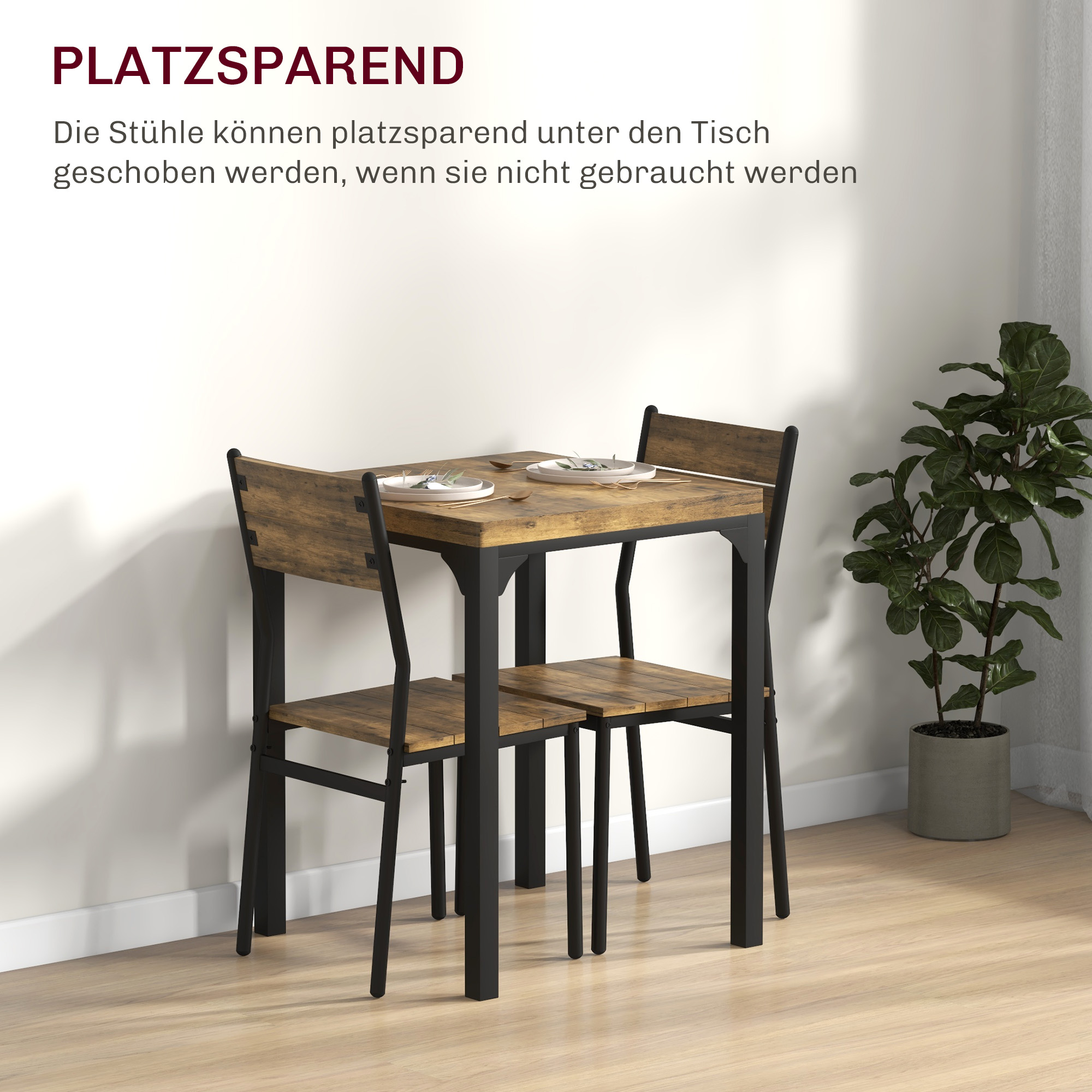 3-delige Eethoek, Esstafel-Set, 1 Tafel, 2 Stoelen, MDF+Metaal, Bruin