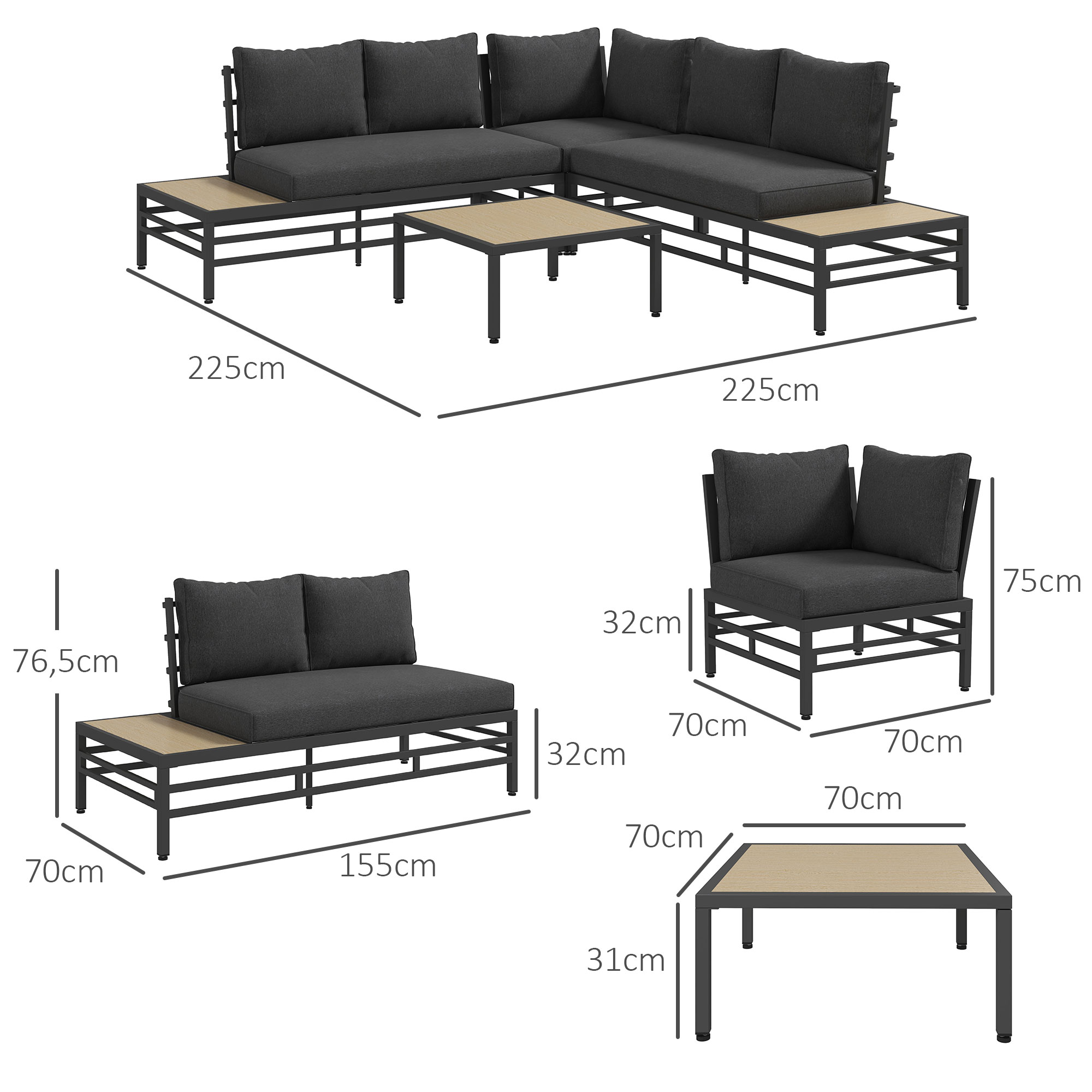 Tuinset Tuinmeubelset Lounge Set, 1 Salontafel, 2 Bijzettafels, 2 Banken, Donkergrijs + Lichtbruin + Zwart