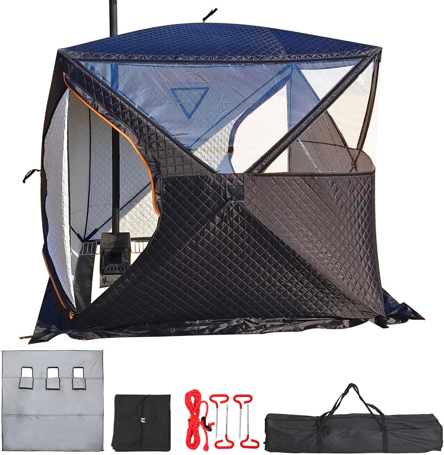 Isoliertes Eisangelzelt für 3–4 Personen mit wasserdichtem Boden & Angelmatte, Pop-up Eisangelhütte aus 210D Oxford, Zelt mit Ofenöffnung, Winter Angelzelt/Saunazelt
