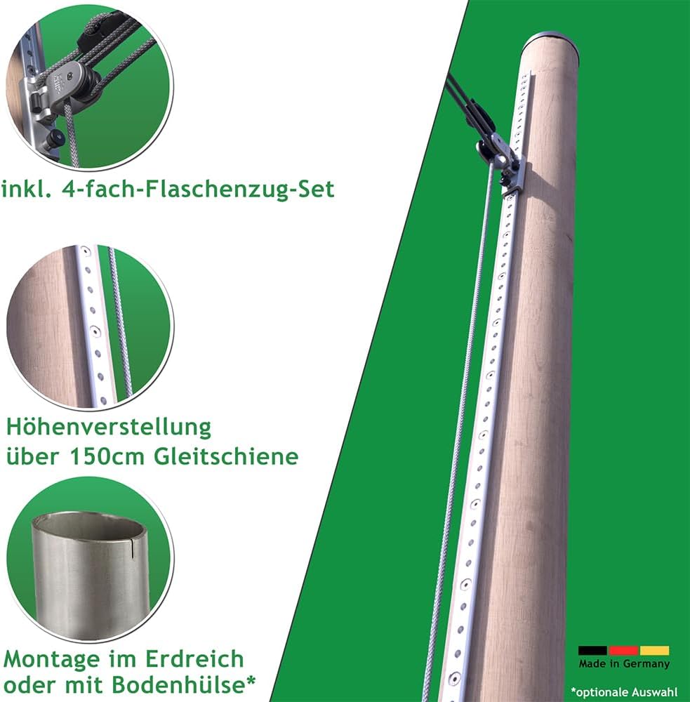 Sonnensegel Holzpfosten Set: aus Robinie höhenverstellbar 3m, inkl. Zubehör - 4-Fach Flaschenzug-Set & 0,75m Bodenhülse | Befestigung für sehr große Segel (100mm) (3er Set)