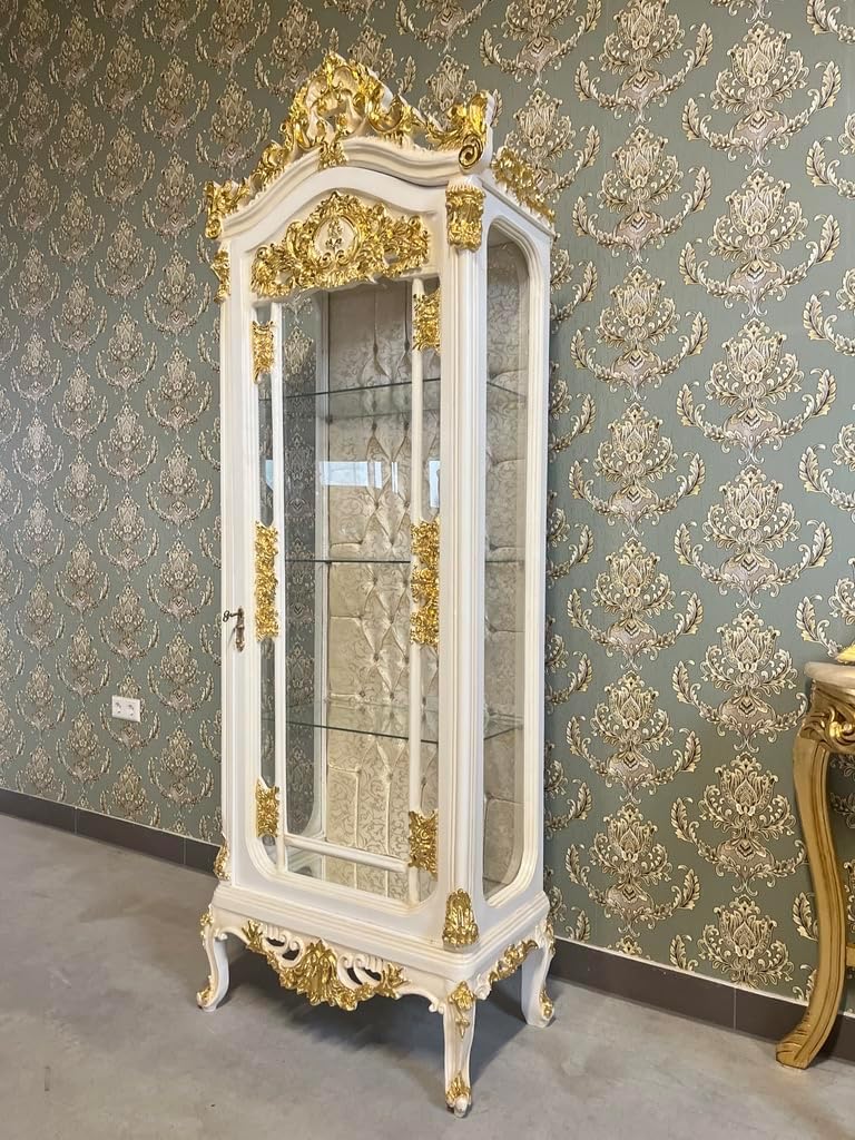 CasAmin Home & Living Baroque Style Display Cabinet: White Wood & Gold Leaf Showcase