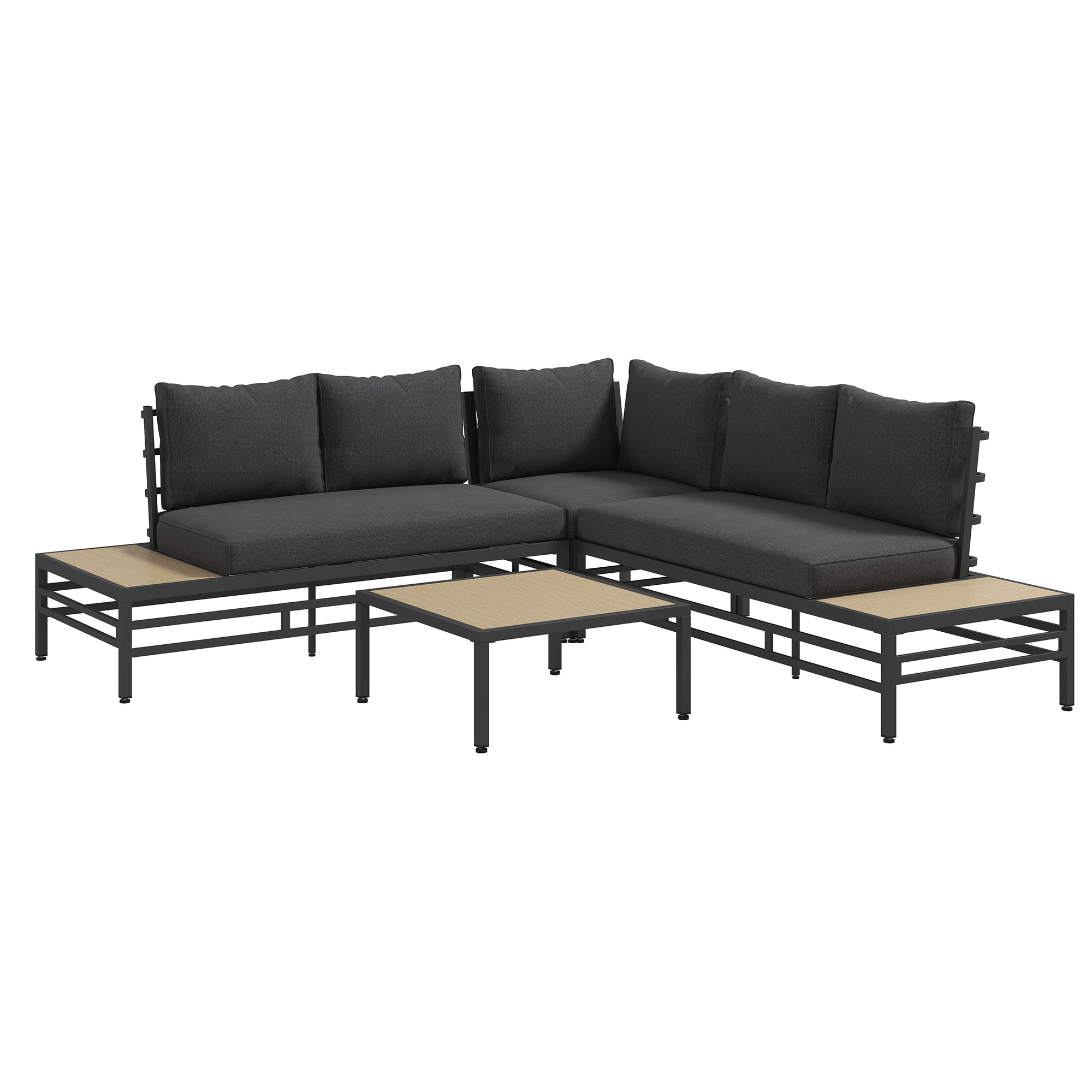 Tuinset Tuinmeubelset Lounge Set, 1 Salontafel, 2 Bijzettafels, 2 Banken, Donkergrijs + Lichtbruin + Zwart