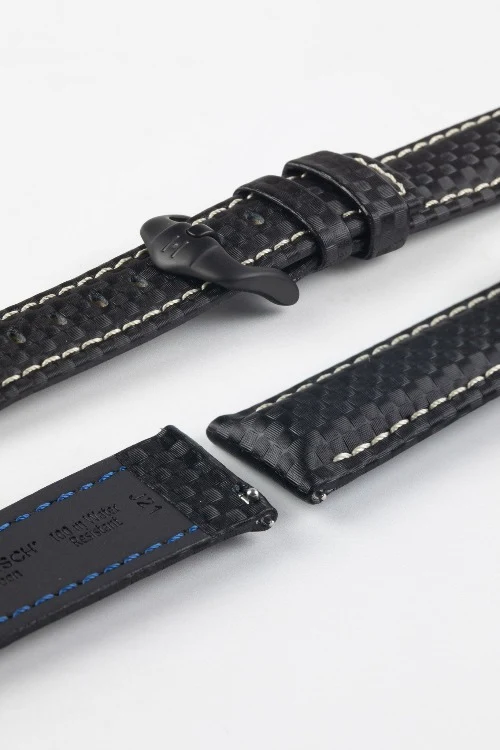 Hirsch CARBON Embossed Water-Resistant Leather Watch Strap in BLACK