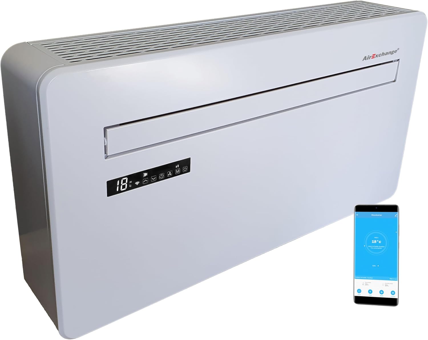 AirExchange - Wand-Monoblock-Klimaanlage-Wärmepumpe-INVERTER, 4-in-1 Klimaanlage ohne Außengerät, Heizen, Kühlen, Entfeuchten, Reinigen, 12.000 BTU, bis 80 m², R290, WEIß
