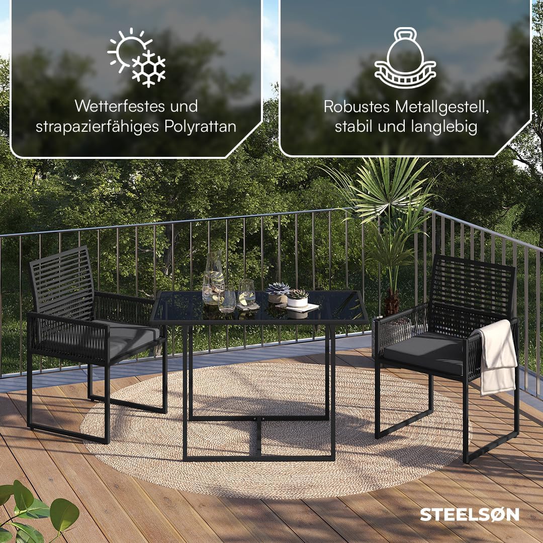 STEELSØN 3-TLG Garten-Essgruppe Kynaris, Esstisch mit 2 Stühlen, gartenmöbel Sitzgruppe Polyrattan mit Kissen, Gartenlounge, Balkomöbel Set, schwarz