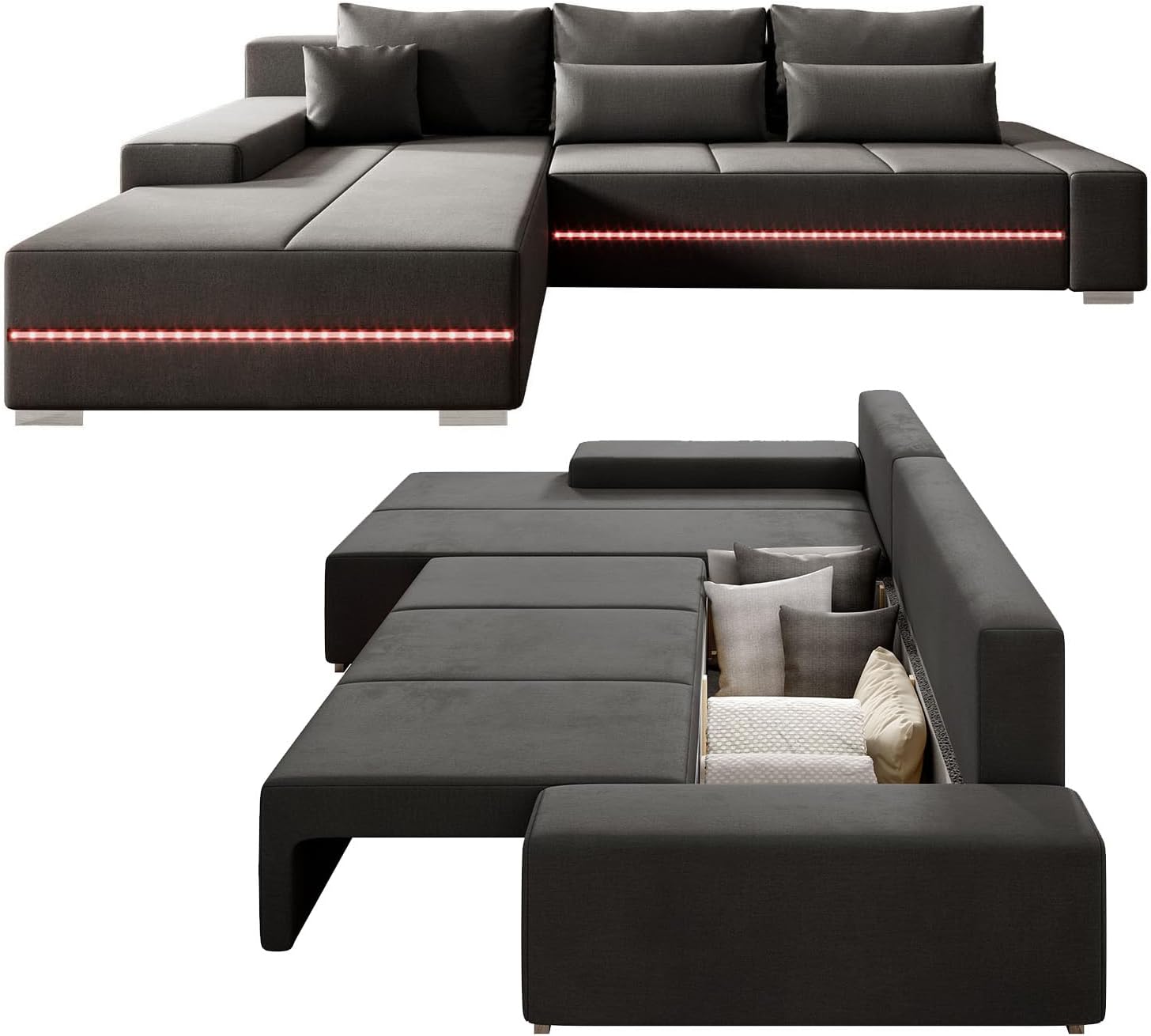 Juskys Sofa Davos Links mit Schlaffunktion - Ecksofa für Wohnzimmer mit Bettkasten & LED - Stoff Schlafsofa L Form Couch Beleuchtung - Dunkelgrau
