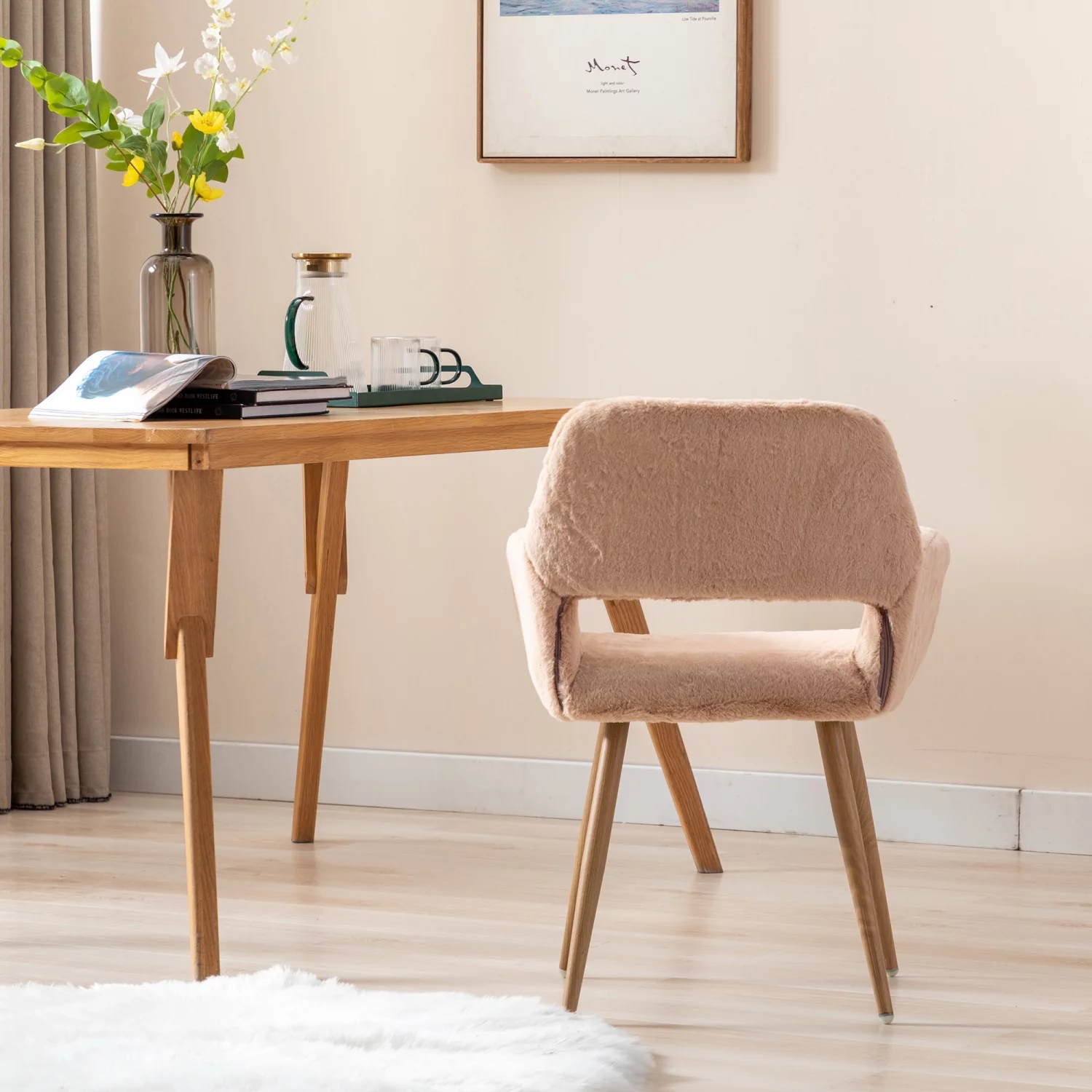 Elegante en luxueuze HengMing eetkamerstoelen met imitatiebont �C Mid-Century-stijl met stevige, gepoedercoate stalen poten